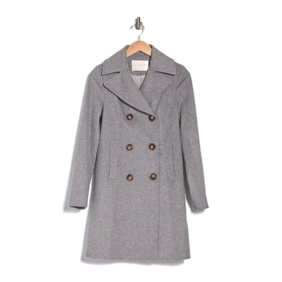 New w/Tags Fleurette Notch Collar Double Breasted Wool Coat in Grey Heather, 14 - Picture 12 of 14